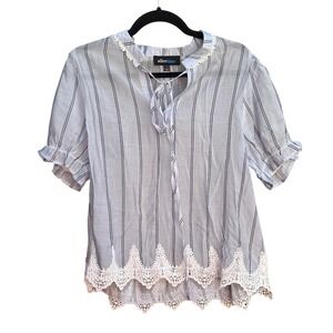 Alice Blue Women Striped Lace Trim Tie Neck Blouse Blue White T44637 Large